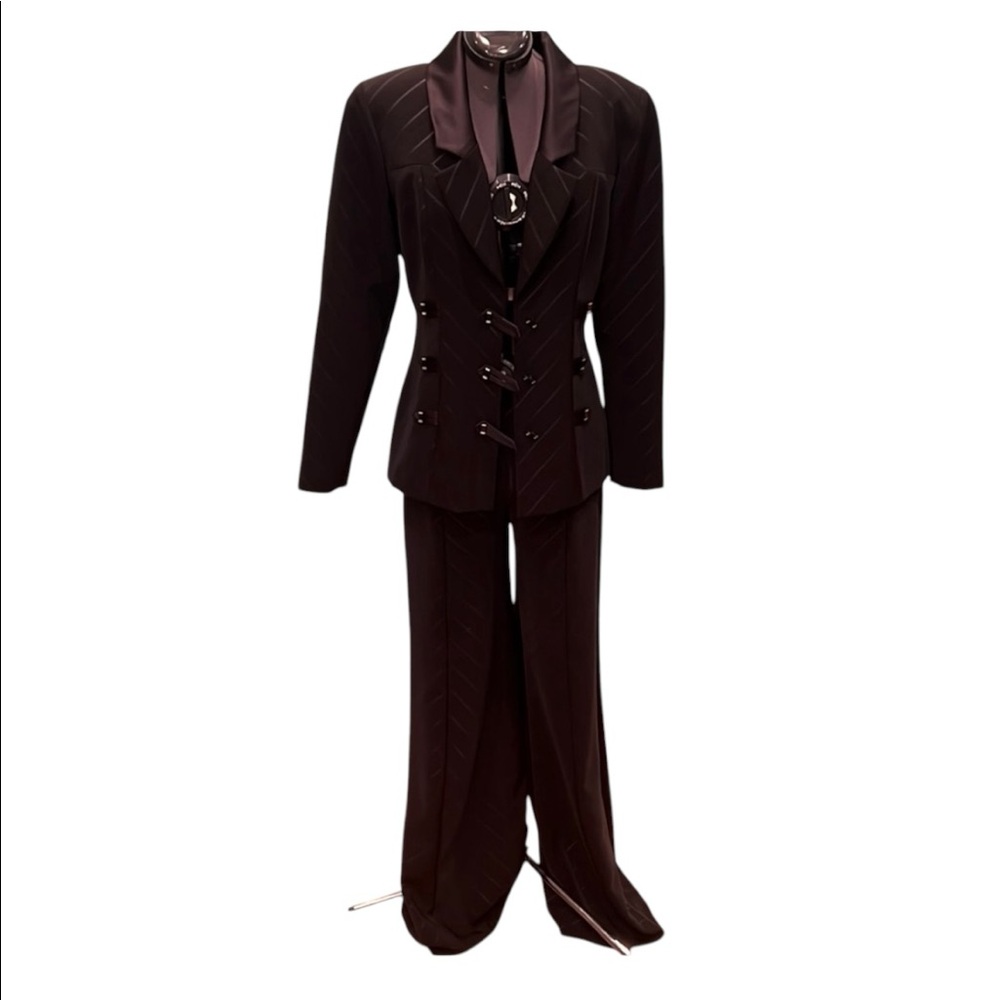 JIKI Women’s Black Suit Size 42 (US 8) Fitted Jacket Wide Leg Pants